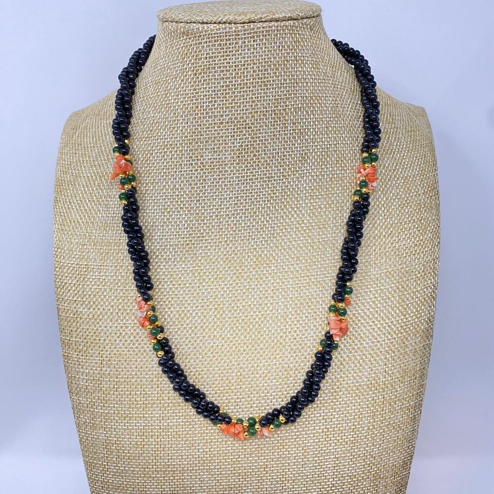 Vtg Twisted Strands Angel Skin Coral Green Black Glass Gold Tone Beaded Necklace